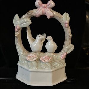 Charming Lovebirds Porcelain Figurine with Pink and Cream Details Musical